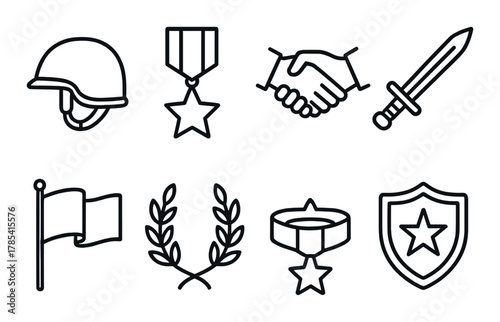 Military symbols: helmet, medal, handshake, sword, flag, laurel, medal, shield