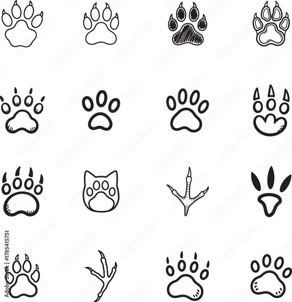 Fototapeta premium Paw Print doodle line art collection. Includes line art symbols animal, pet, dog, cat, bear, track and more. Isolated doodles. Paw Print doodle set.