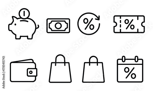 Shopping icons: piggy bank, discount, wallet, shopping bag, calendar