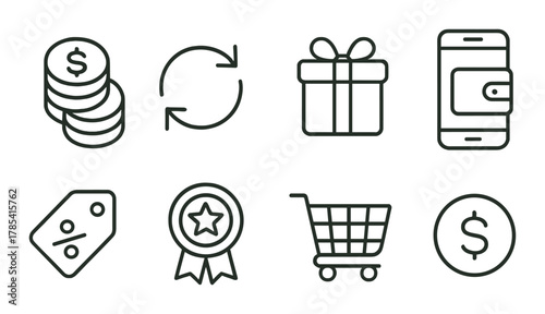 Shopping icons: money, gift, wallet, tag, cart, badge, arrows, dollar sign