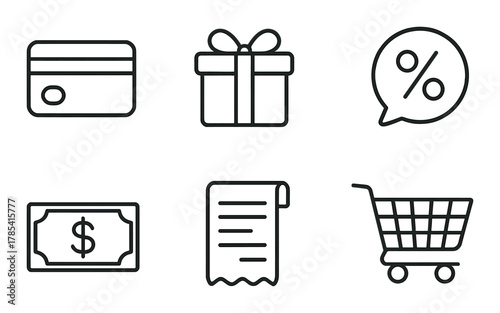 Shopping icons: credit card, gift, discount, cash, receipt, cart