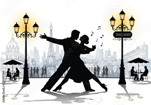 Romantic couple dancing tango under street lights in Paris city background, elegant silhouette illustration with Eiffel Tower, music notes, and night atmosphere