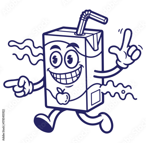 Smiling cartoon juice box character with arms and legs ready to drink healthy apple juice