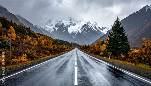 An endless road leads to a mountain range on a rainy day