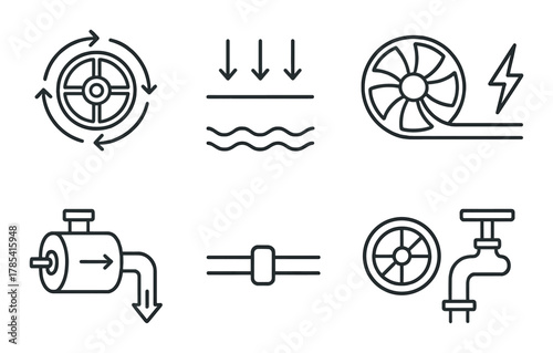 Industrial icon set featuring fans, pumps, and valves