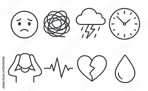 Emotional symbols: sadness, anxiety, storm, time, stress, heartbreak, tears