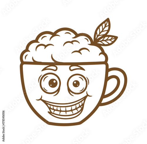 Smiling coffee cup character with froth and leaves cartoon illustration for designs