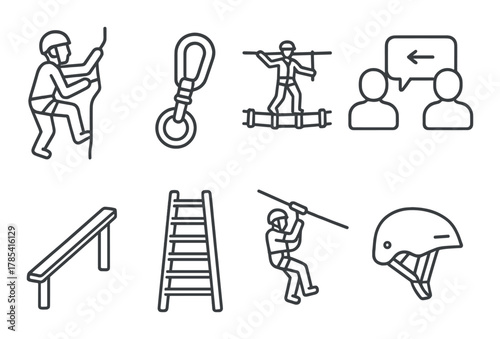 Outline icons of climbing equipment and activities on gradient background