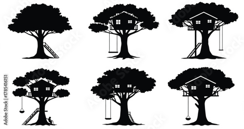 Treehouse vector illustration set, black silhouette of trees with ladders and swings, childhood outdoor adventure, nature playhouse design for kids creativity