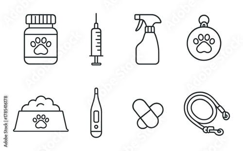 Pet care icons: medication, food bowl, leash, syringe, spray bottle, thermometer, collar