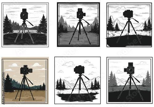 Vintage camera on tripod vector illustration, mountain landscape background, outdoor nature photography scene, creative travel art design for photographers, adventure exploration concept
