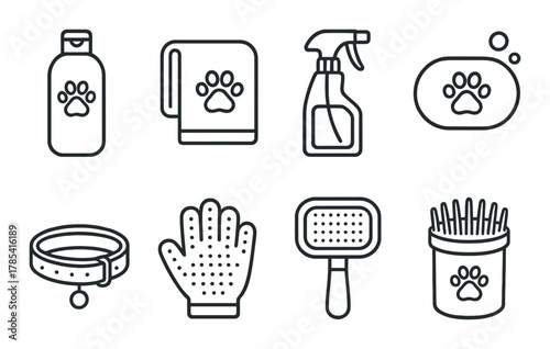 Pet grooming tools: shampoo, towel, spray, collar, glove, brush, soap, container