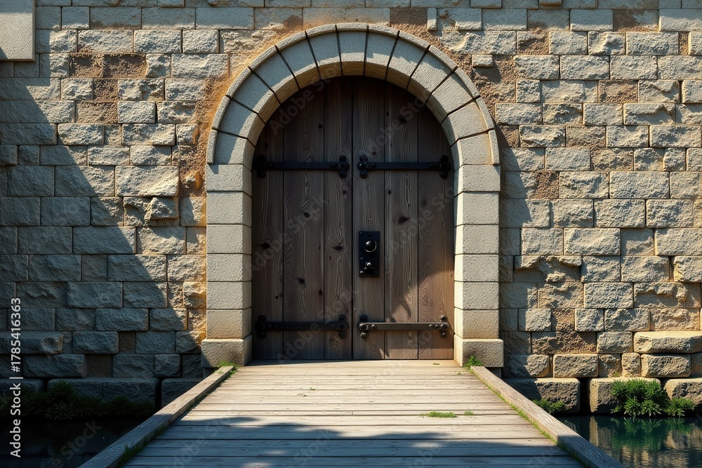 Fototapeta premium Rustic Wooden Double Doors Set in an Archway of a Stone Wall, Leading to a Wooden Footbridge Over a Tranquil Water Feature