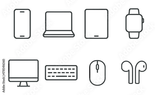 Digital devices: smartphone, laptop, tablet, smartwatch, keyboard, mouse, earbuds