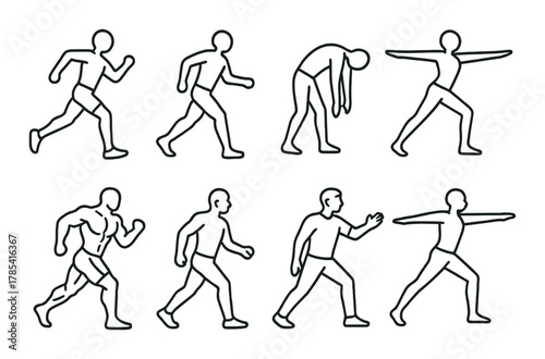 Silhouette set of diverse athletic poses and exercises in action