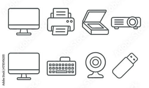 Office equipment symbols: monitor, printer, scanner, projector, keyboard, webcam, usb drive