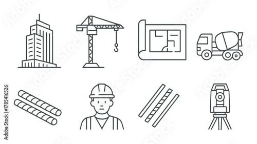 Construction icons: building, crane, blueprint, cement truck, rebar, engineer, theodolite