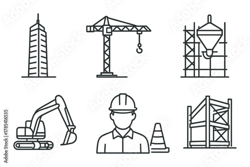 Construction icons: tools, equipment, and worker silhouette on dark background
