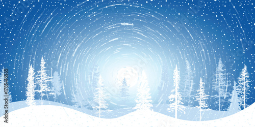 Winter vector illustration, snowstorm against the sun, forest and snowdrifts