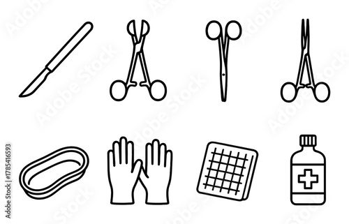 Medical instruments: scalpel, scissors, gauze, gloves, antiseptic in dark setting