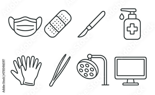 Medical tools icons: mask, bandage, scalpel, sanitizer, gloves, tweezers, shower, monitor