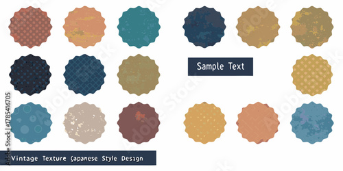 Collection of vintage textured circular shapes with japanese style design elements and sample text