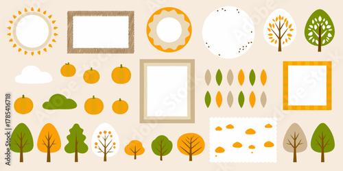 Collection of autumnal elements including frames pumpkins trees clouds sun and leaves