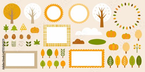 Collection of autumnal elements including trees leaves pumpkins frames and sun graphics