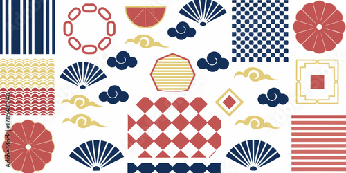 Collection of japanese inspired graphic elements and patterns in red blue and gold colors