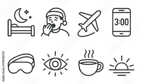 Sleep icons: bed, yawning person, plane, phone, mask, eye, coffee, sunrise