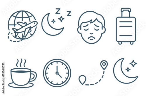 Jet lag icons: travel, sleep, and time adjustment concepts