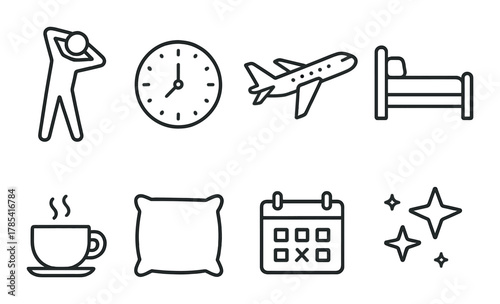 Icons of sleep, travel, and relaxation with pillow and coffee cup