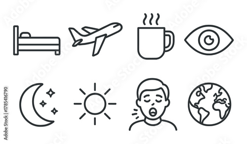 Sleep and travel icon set with coffee, eye, sun, moon, world, and yawning person