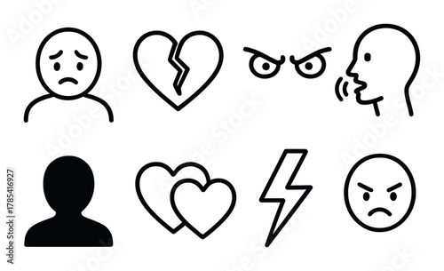 Emotional expression icons: sadness, anger, love, conflict, communication