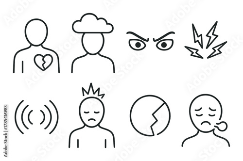 Monochrome abstract depiction of emotions with icons of sadness and anger