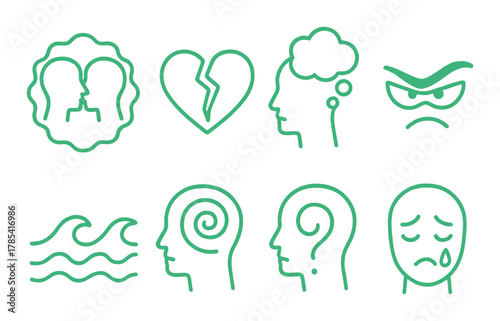 Set of eight emotional icons depicting human emotions and mental states