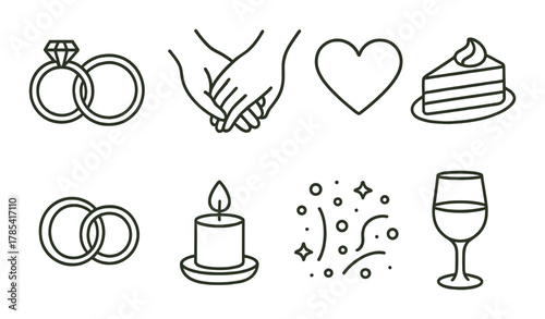 Wedding symbols: rings, holding hands, heart, cake, candle, confetti, wine glass