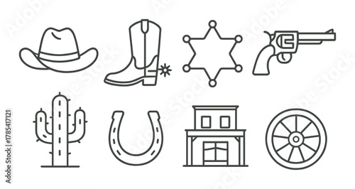 Western icon set: cowboy hat, boots, badge, revolver, cactus, horseshoe, saloon, wagon wheel