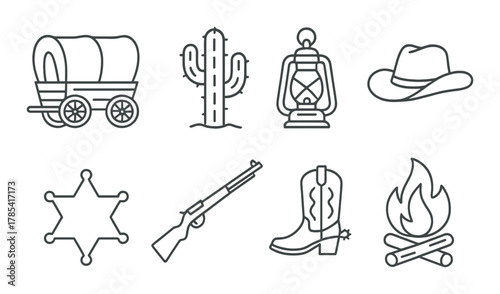Western icons: wagon, cactus, lantern, hat, badge, rifle, boot, campfire