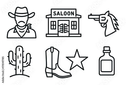 Western icons: cowboy, saloon, revolver, cactus, boot, star, bottle