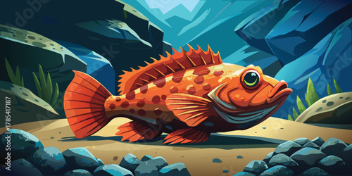 Orange stonefish fish swimming in a rocky underwater environment with seaweed and sand