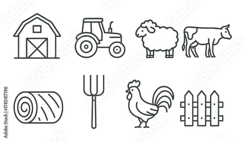 Farm icon set: barn, tractor, sheep, cow, hay, pitchfork, rooster, fence