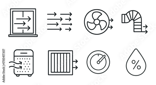 Ventilation and airflow concepts: icons of fans, filters, and humidity control