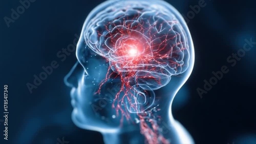 Medical illustration of brain stroke with the affected area highlighted in red colour. Neural connections in human brain. Healthcare and therapy concept