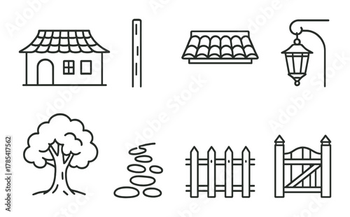 Simple home and garden icons: house, lantern, tree, path, fence, roof