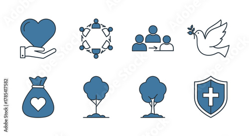 A set of eight vector icons, featuring a hand with a heart, people in circles, social connection arrows, a dove, a money bag, trees, and a shield with a cross, all with a blue and white color scheme