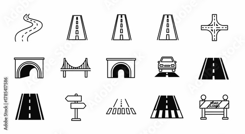 A set of 15 black and white vector icons related to transportation infrastructure, including roads, highways, bridges, tunnels, a car, traffic signs, and a road closed barrier