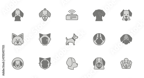 A collection of stylized dog illustrations in various poses and styles, with a network device. Rendered in a simple gray and white palette