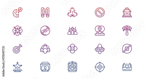 Vector icons set, featuring line art depictions. The icons include various objects such as a bandage, binoculars, camera, star, target, and no entry sign. The designs use a gradient color scheme