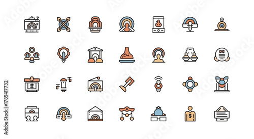 A collection of 28 colorful, outlined icons, featuring diverse minimalist designs. Some depict objects like a camera, balance scales, and a tie. Others represent abstract concepts